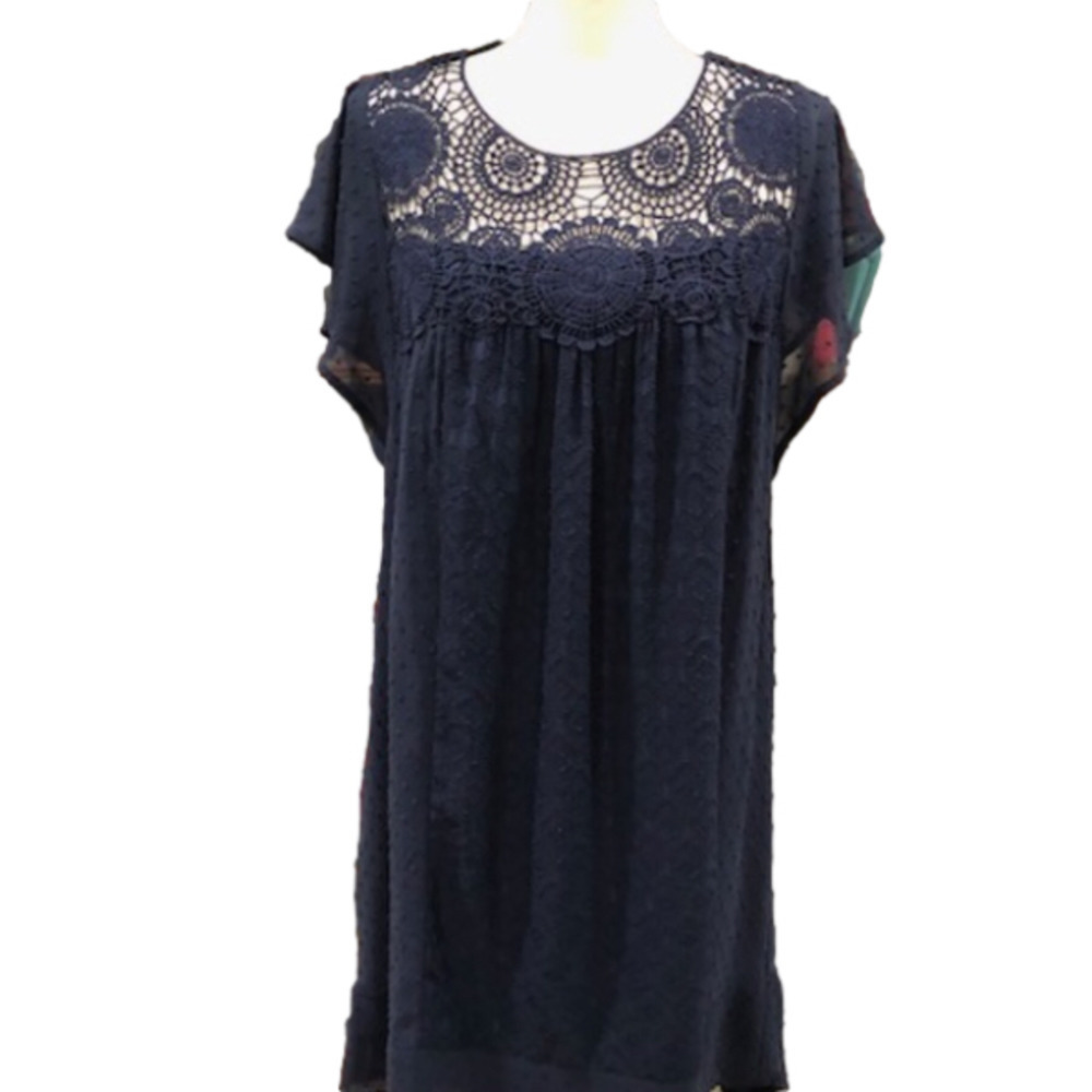 𝅺Daniel Rainn Navy Flutter Sleeve Lace Babydoll Dress, Size Medium - Picture 3 of 16